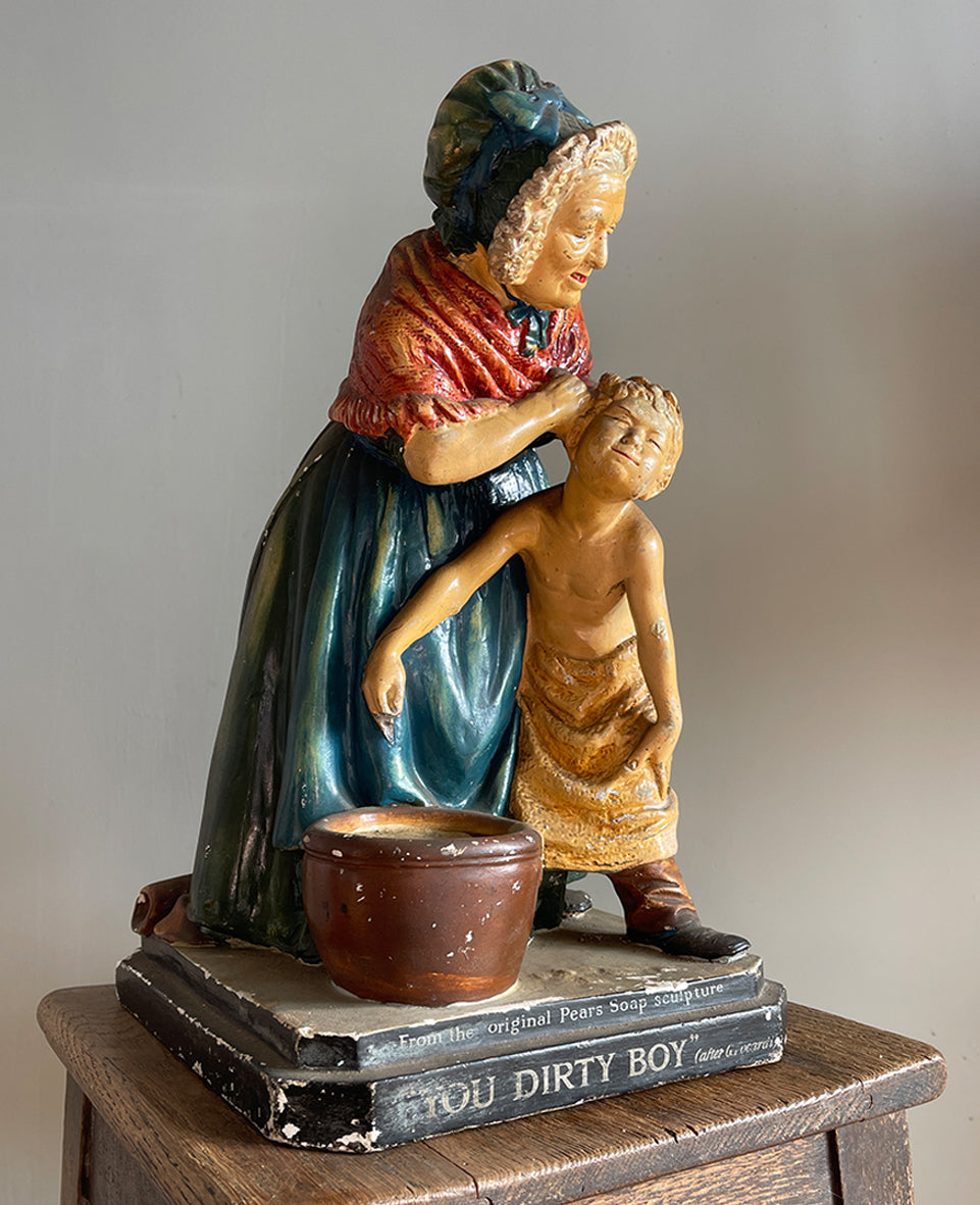 An extremely rare late Victorian Statuette for the Pears Soap Company. The statuette is a copy of a marble sculpture by the Italian artist Giovanni Focardi that was displayed at the 1878 Paris Exhibition. The scene depicts a woman scrubbing a young boy behind the ears who really doesn't look as if he is enjoying it very much! An extremely rare late Victorian Statuette for the Pears Soap Company, titled "You Dirty Boy" - SHOP NOW - www.intovintage.co.uk