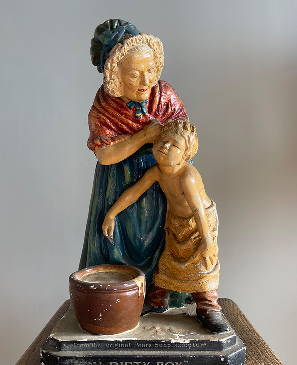 An extremely rare late Victorian Statuette for the Pears Soap Company. The statuette is a copy of a marble sculpture by the Italian artist Giovanni Focardi that was displayed at the 1878 Paris Exhibition. The scene depicts a woman scrubbing a young boy behind the ears who really doesn't look as if he is enjoying it very much! An extremely rare late Victorian Statuette for the Pears Soap Company, titled "You Dirty Boy" - SHOP NOW - www.intovintage.co.uk