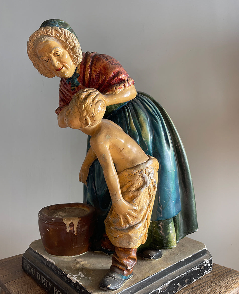 An extremely rare late Victorian Statuette for the Pears Soap Company. The statuette is a copy of a marble sculpture by the Italian artist Giovanni Focardi that was displayed at the 1878 Paris Exhibition. The scene depicts a woman scrubbing a young boy behind the ears who really doesn't look as if he is enjoying it very much! An extremely rare late Victorian Statuette for the Pears Soap Company, titled "You Dirty Boy" - SHOP NOW - www.intovintage.co.uk