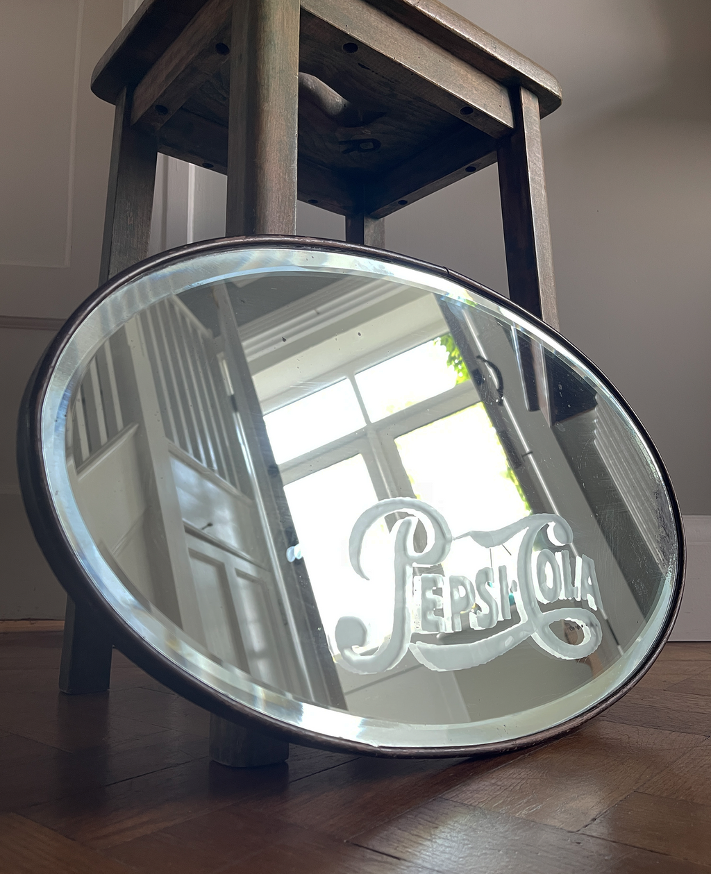 An etched and well foxed vintage Pepsi Cola oval wall mirror with bevelled glass and wooden frame - SHOP NOW - www.intovintage.co.uk