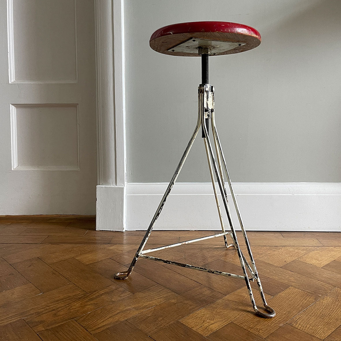 A good looking, height adjustable, Vintage Metal and Wooden Stool. Great age related wear, patina and totally solid - SHOP NOW - www.intovintage.co.uk