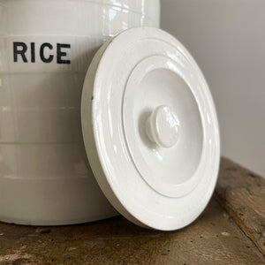 A large vintage white ironstone banded rice jar with lid. Marked '4' to the base. - SHOP NOW - www.intovintage.co.uk