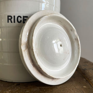 A large vintage white ironstone banded rice jar with lid. Marked '4' to the base. - SHOP NOW - www.intovintage.co.uk