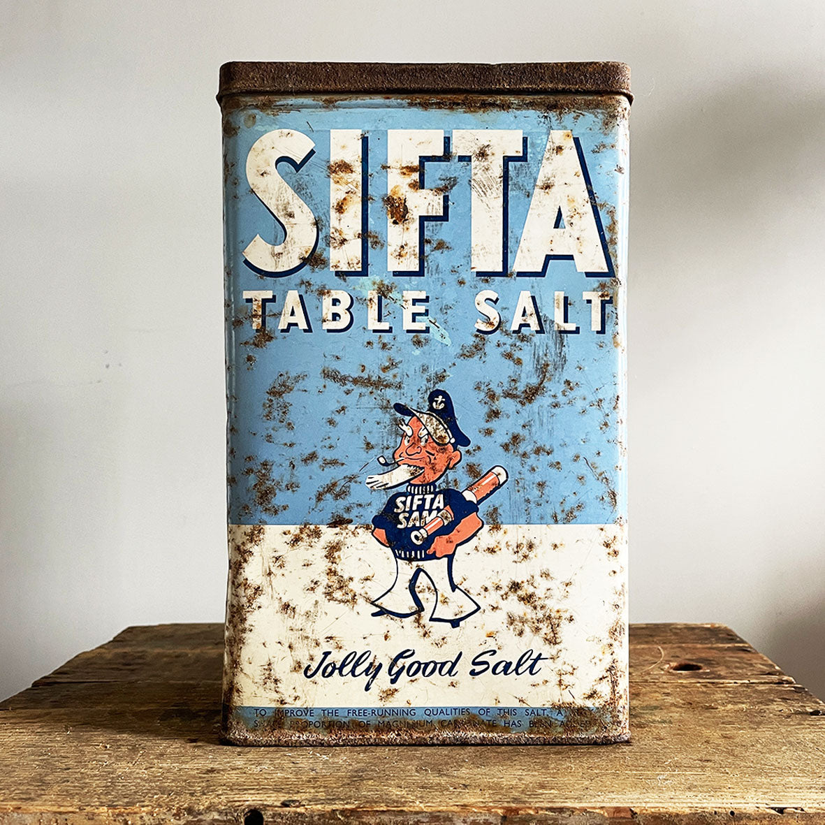 A large Vintage Sifta Table Salt Tin. Great design & typography - SHOP NOW - www.intovintage.co.uk