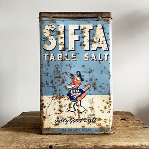 A large Vintage Sifta Table Salt Tin. Great design & typography - SHOP NOW - www.intovintage.co.uk