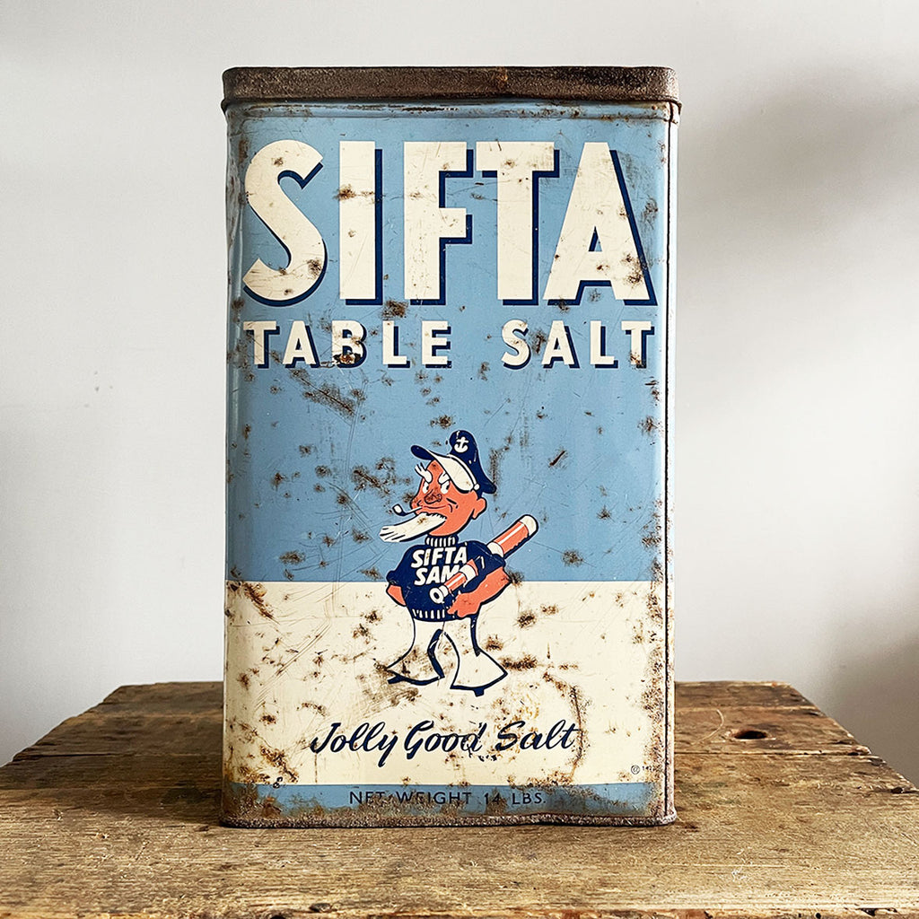 A large Vintage Sifta Table Salt Tin. Great design & typography - SHOP NOW - www.intovintage.co.uk