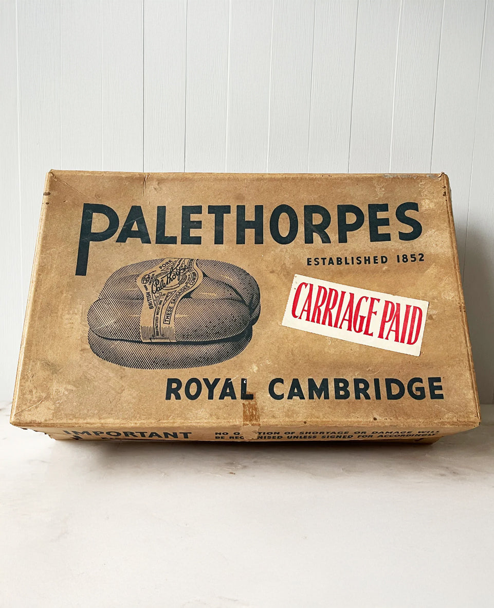 A Vintage Palethorpes Sausage Box in excellent condition. Palethorpe Sausages would have been transported in this sturdy card boxes like this one to their final destinations where they would have been displayed on the counter top. This one has its 'Carriage Paid' stamp still on it - SHOP NOW - www.intovintage.co.uk