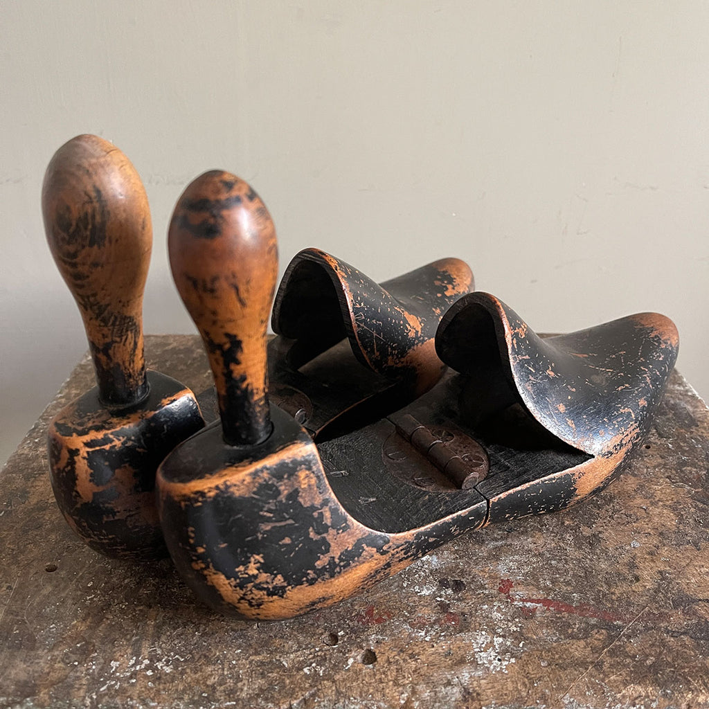 A lovely time-worn pair of Victorian Pine Shoe Lasts. Hinged in the middle for easy insertion into the shoe. Beautiful form and the most perfect patina - SHOP NOW - www.intovintage.co.uk