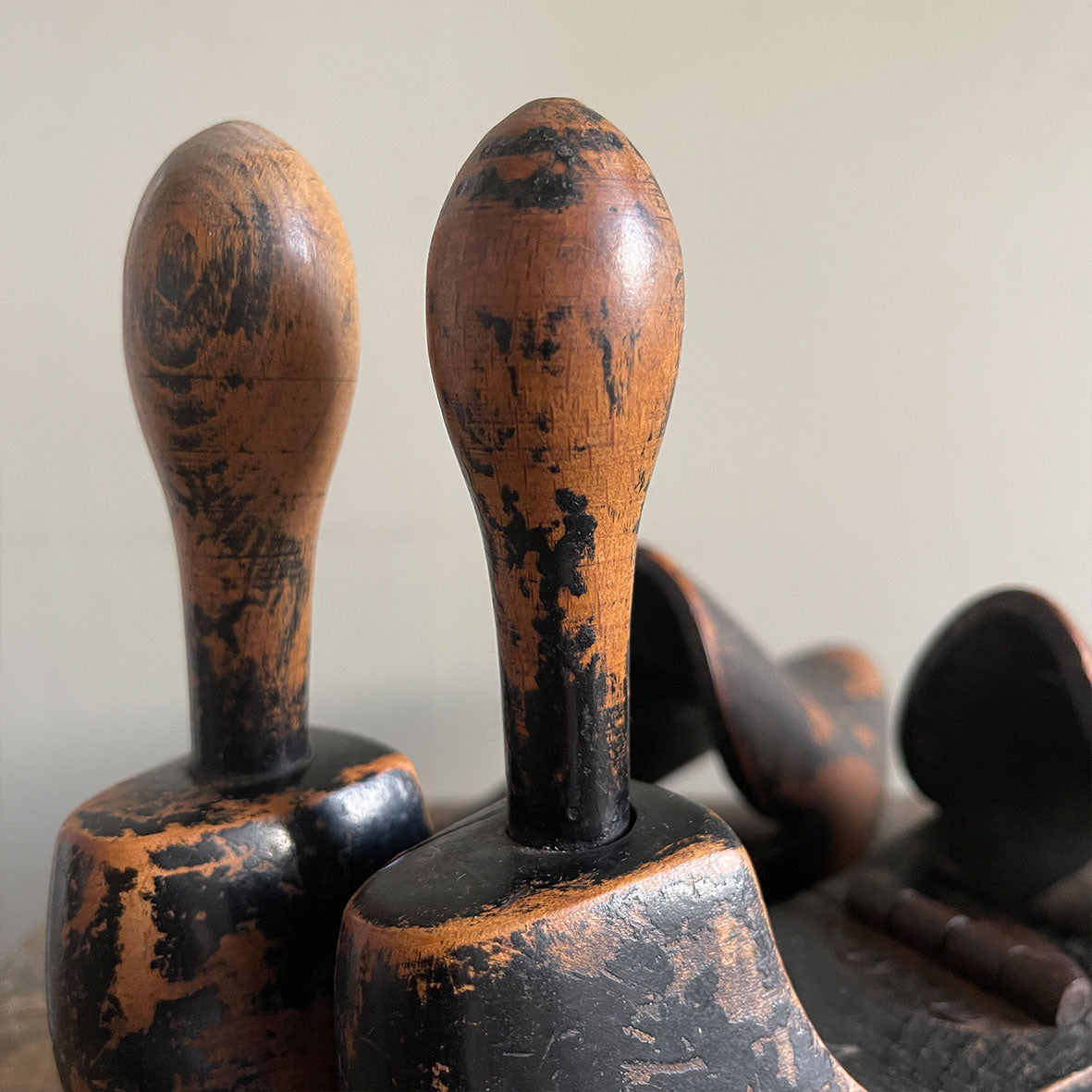 A lovely time-worn pair of Victorian Pine Shoe Lasts. Hinged in the middle for easy insertion into the shoe. Beautiful form and the most perfect patina - SHOP NOW - www.intovintage.co.uk