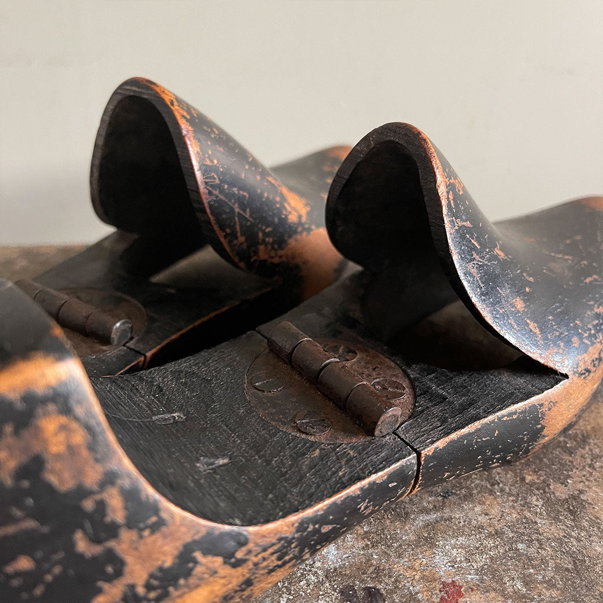 A lovely time-worn pair of Victorian Pine Shoe Lasts. Hinged in the middle for easy insertion into the shoe. Beautiful form and the most perfect patina - SHOP NOW - www.intovintage.co.uk