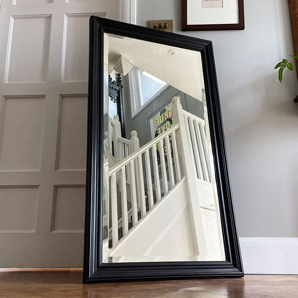 An impressive large Victorian Shop Mirror with beveled glass, a waxed black ebonised wooden frame and original back.  - SHOP NOW - www.intovintage.co.uk