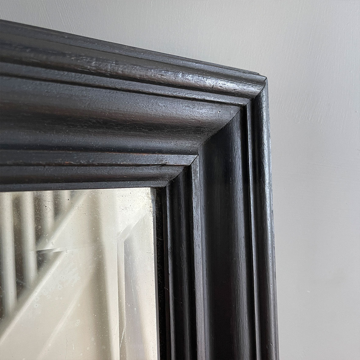 An impressive large Victorian Shop Mirror with beveled glass, a waxed black ebonised wooden frame and original back.  - SHOP NOW - www.intovintage.co.uk