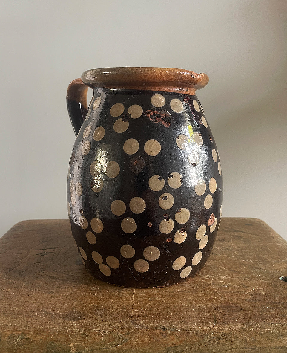 An Early Spotty Earthenware Jug in a gorgeous dark chocolate brown colour with a hand applied 3 dot repeat decoration - SHOP NOW - www.intovintage.co.uk