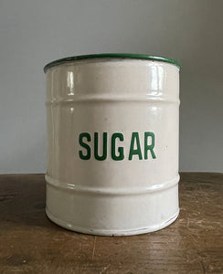 A Vintage Enamel Sugar keep with lid. Having great green typography to the front. Good looking and very usable - SHOP NOW - www.intovintage.co.uk