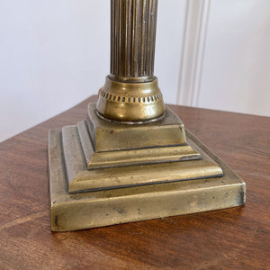 An interesting Gothic Brass Table Lamp with coat of arms to the front. The lamp sits a-top a brass fluted column base with swan neck. Wired for electricity with antique fabric covered cable, new plug and pat tested. - SHOP NOW - www.intovintage.co.uk
