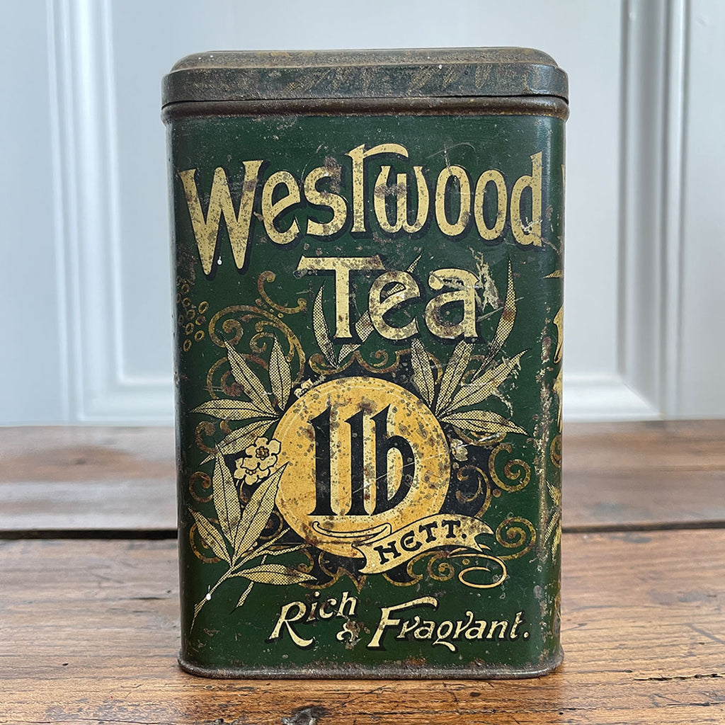A large Victorian Westwood 1lb Tea Tin. Great design & typography to all of the sides. Hinged lid and nice and clean inside too - SHOP NOW - www.intovintage.co.uk