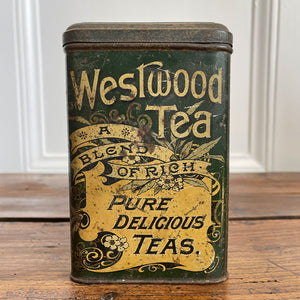 A large Victorian Westwood 1lb Tea Tin. Great design & typography to all of the sides. Hinged lid and nice and clean inside too - SHOP NOW - www.intovintage.co.uk
