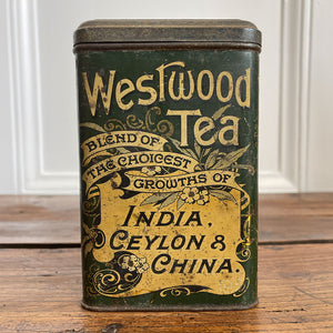 A large Victorian Westwood 1lb Tea Tin. Great design & typography to all of the sides. Hinged lid and nice and clean inside too - SHOP NOW - www.intovintage.co.uk