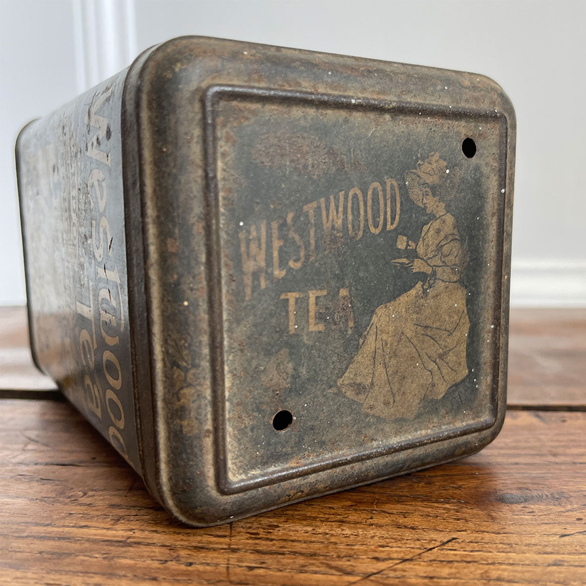 A large Victorian Westwood 1lb Tea Tin. Great design & typography to all of the sides. Hinged lid and nice and clean inside too - SHOP NOW - www.intovintage.co.uk
