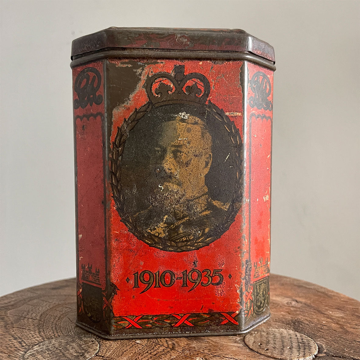 A Coronation Tea Tin for King Edward & Queen Mary from 1935 with a wonderful ratty patina - SHOP NOW - www.intovintage.co.uk
