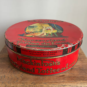 A jolly Mackintosh's Nurseryland Toffee Tin from the 1930s wonderful illustrations and colours.  - SHOP NOW - www.intovintage.co.uk