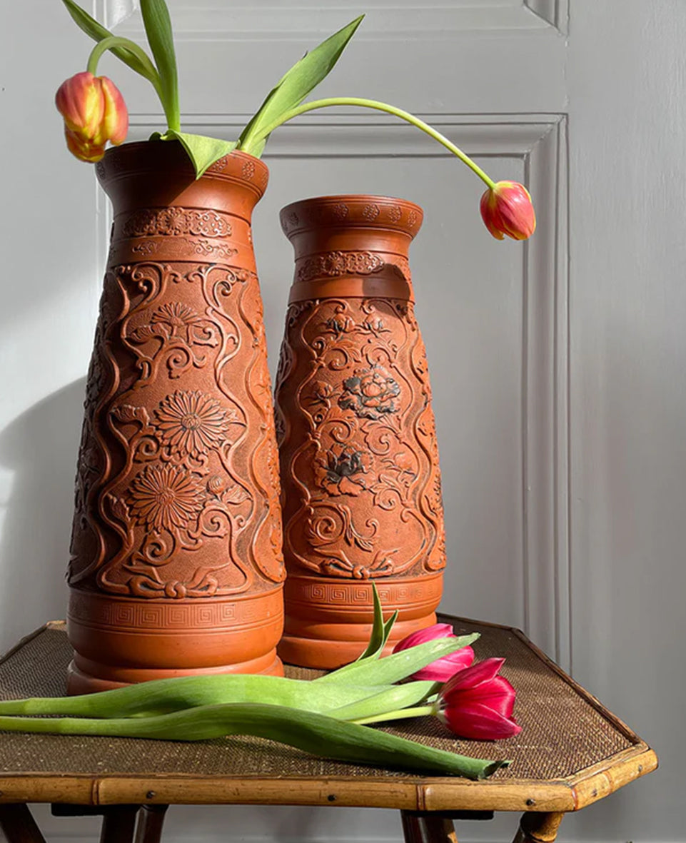A stunning pair of large Japanese Tokoname Terracotta Vase with a beautiful deep decoration of chrysanthemums and vines. Dating from the late 19th C. Both marked on their bases. No chips, just perfect! - SHOP NOW - www.intovintage.co.uk