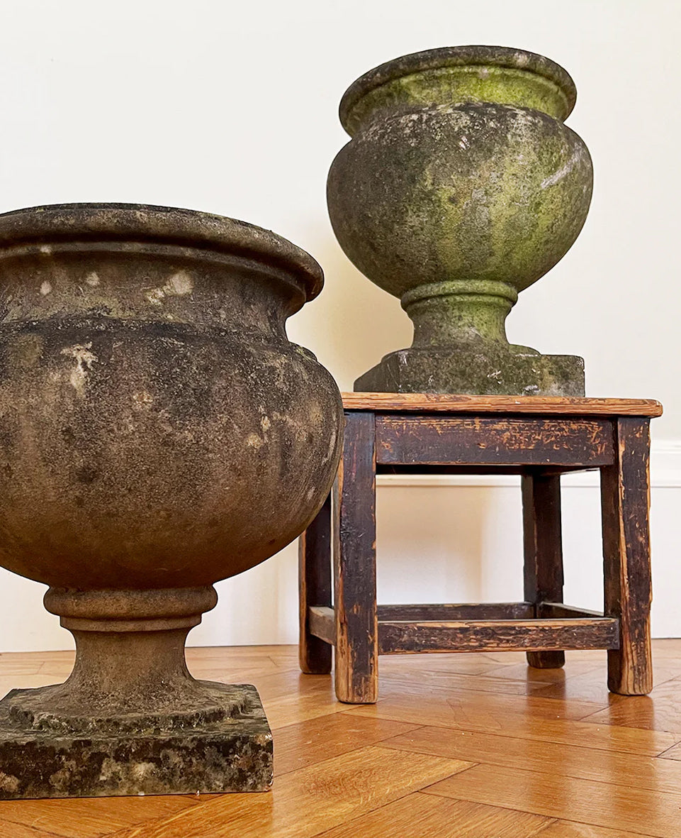 A pair of 19th century marble garden urns of classical form with a good covering of lichen. Crafted with classic proportions and shape. Both have& drainage holes. These can be used in the garden or as planters. Equally as decorative in an interior setting. Dating to c.1880 - SHOP NOW - www.intovintage.co.uk
