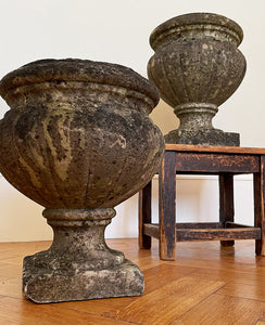 A pair of 19th century marble garden urns of classical form with a good covering of lichen. Crafted with classic proportions and shape. Both have& drainage holes. These can be used in the garden or as planters. Equally as decorative in an interior setting. Dating to c.1880 - SHOP NOW - www.intovintage.co.uk