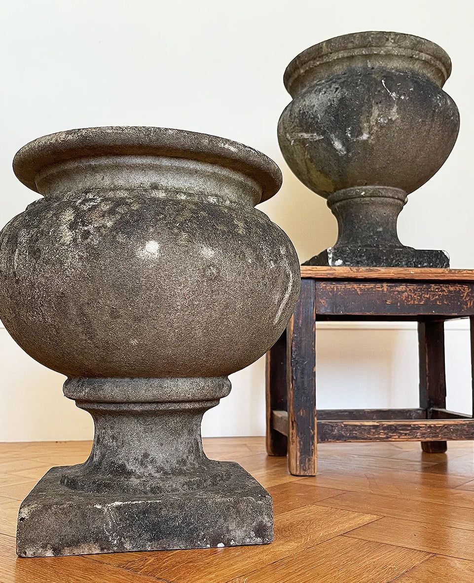 A pair of 19th century marble garden urns of classical form with a good covering of lichen. Crafted with classic proportions and shape. Both have& drainage holes. These can be used in the garden or as planters. Equally as decorative in an interior setting. Dating to c.1880 - SHOP NOW - www.intovintage.co.uk