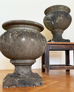 A pair of 19th century marble garden urns of classical form with a good covering of lichen. Crafted with classic proportions and shape. Both have& drainage holes. These can be used in the garden or as planters. Equally as decorative in an interior setting. Dating to c.1880 - SHOP NOW - www.intovintage.co.uk
