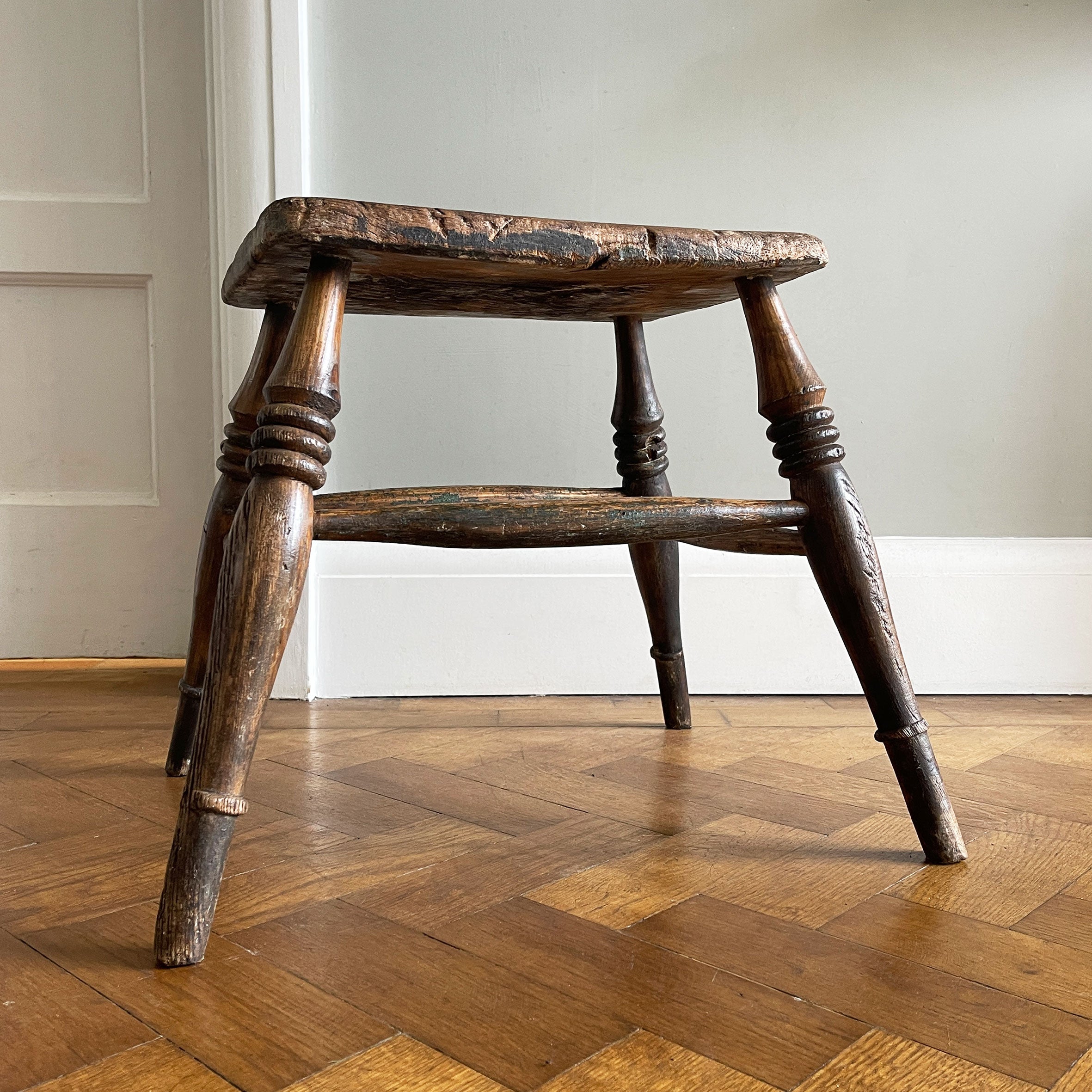 A beautiful time-worn Victorian Elm stool, with marvellous age and wear. Having ring turned legs and a very well worn seat. A great looking stool that would compliment and setting.&nbsp - SHOP NOW - www.intovintage.co.uk