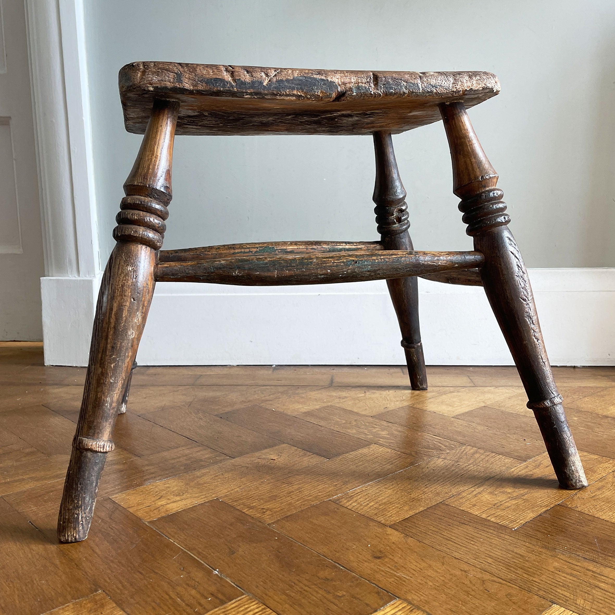 A beautiful time-worn Victorian Elm stool, with marvellous age and wear. Having ring turned legs and a very well worn seat. A great looking stool that would compliment and setting.&nbsp - SHOP NOW - www.intovintage.co.uk