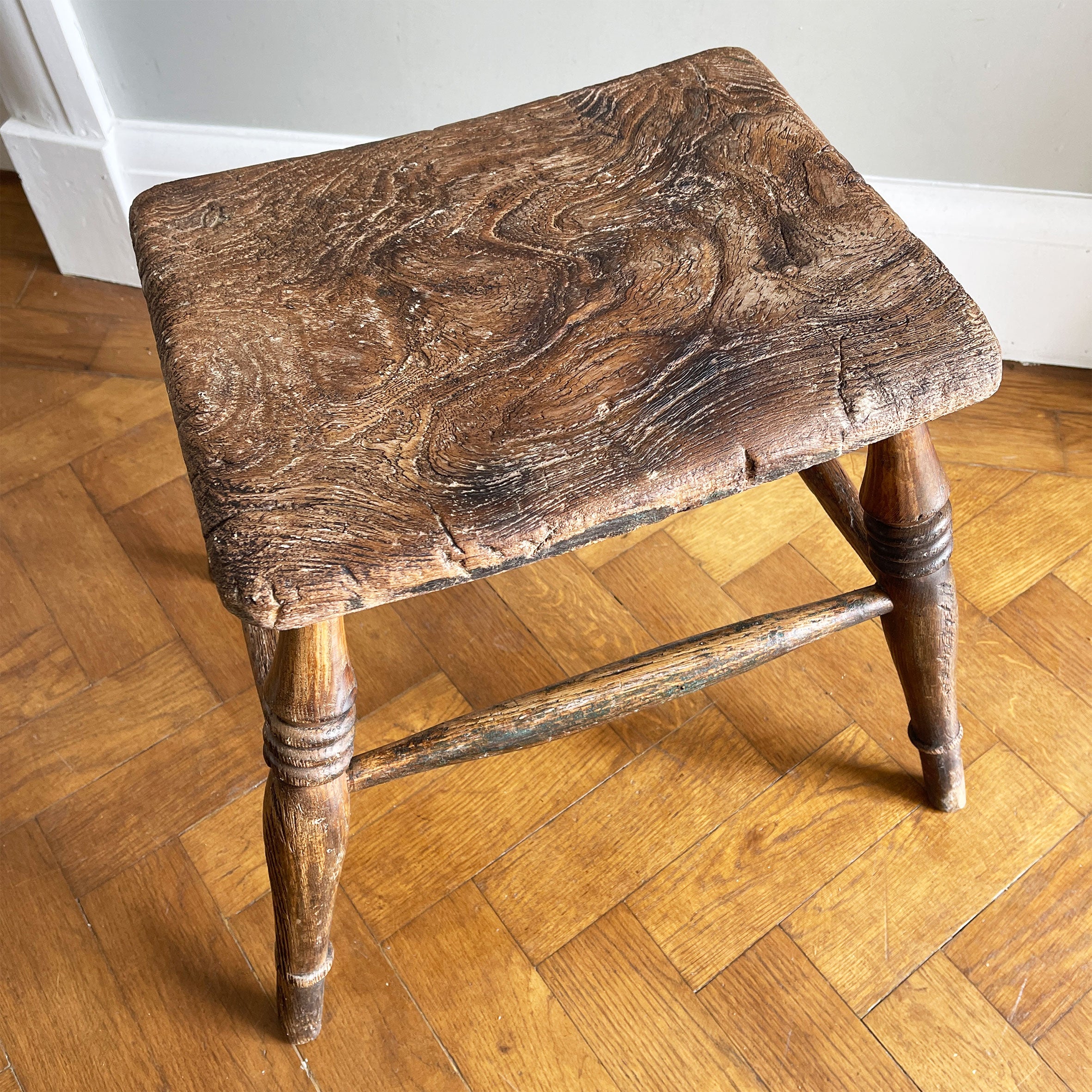 A beautiful time-worn Victorian Elm stool, with marvellous age and wear. Having ring turned legs and a very well worn seat. A great looking stool that would compliment and setting.&nbsp - SHOP NOW - www.intovintage.co.uk