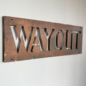 An Original Way Out Sign. Pierced letters through steel with an excellent patina to the painted finish. The sign would originally had glass fitted behind and illuminated. Good size!  SHOP NOW - www.intovintage.co.uk