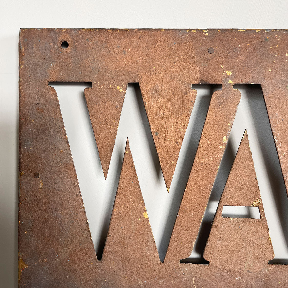 An Original Way Out Sign. Pierced letters through steel with an excellent patina to the painted finish. The sign would originally had glass fitted behind and illuminated. Good size!  SHOP NOW - www.intovintage.co.uk