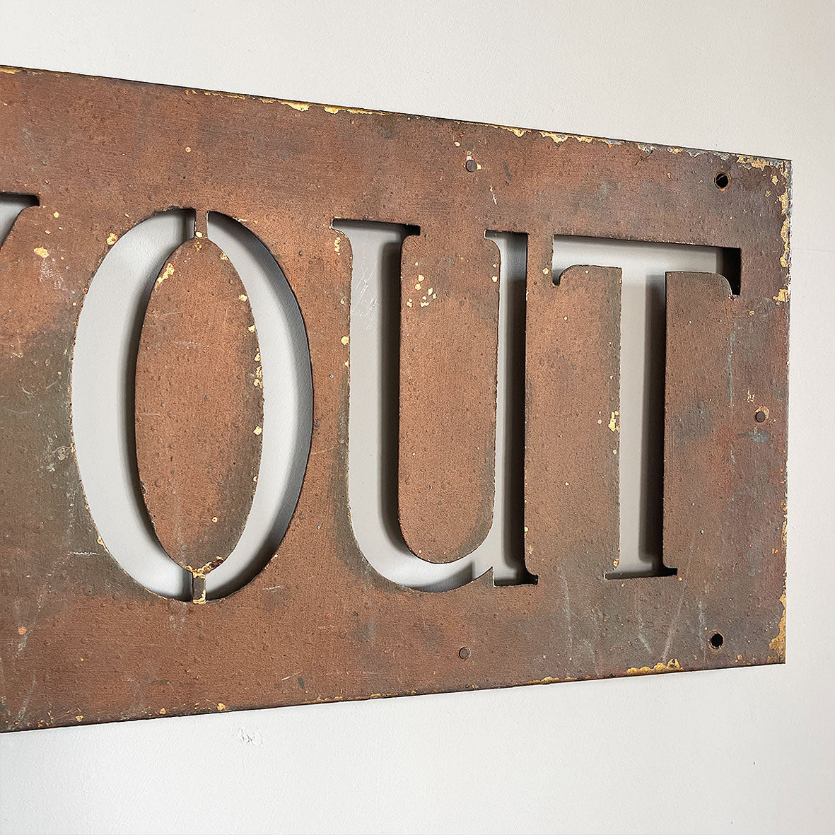 An Original Way Out Sign. Pierced letters through steel with an excellent patina to the painted finish. The sign would originally had glass fitted behind and illuminated. Good size!  SHOP NOW - www.intovintage.co.uk