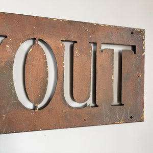 An Original Way Out Sign. Pierced letters through steel with an excellent patina to the painted finish. The sign would originally had glass fitted behind and illuminated. Good size!  SHOP NOW - www.intovintage.co.uk