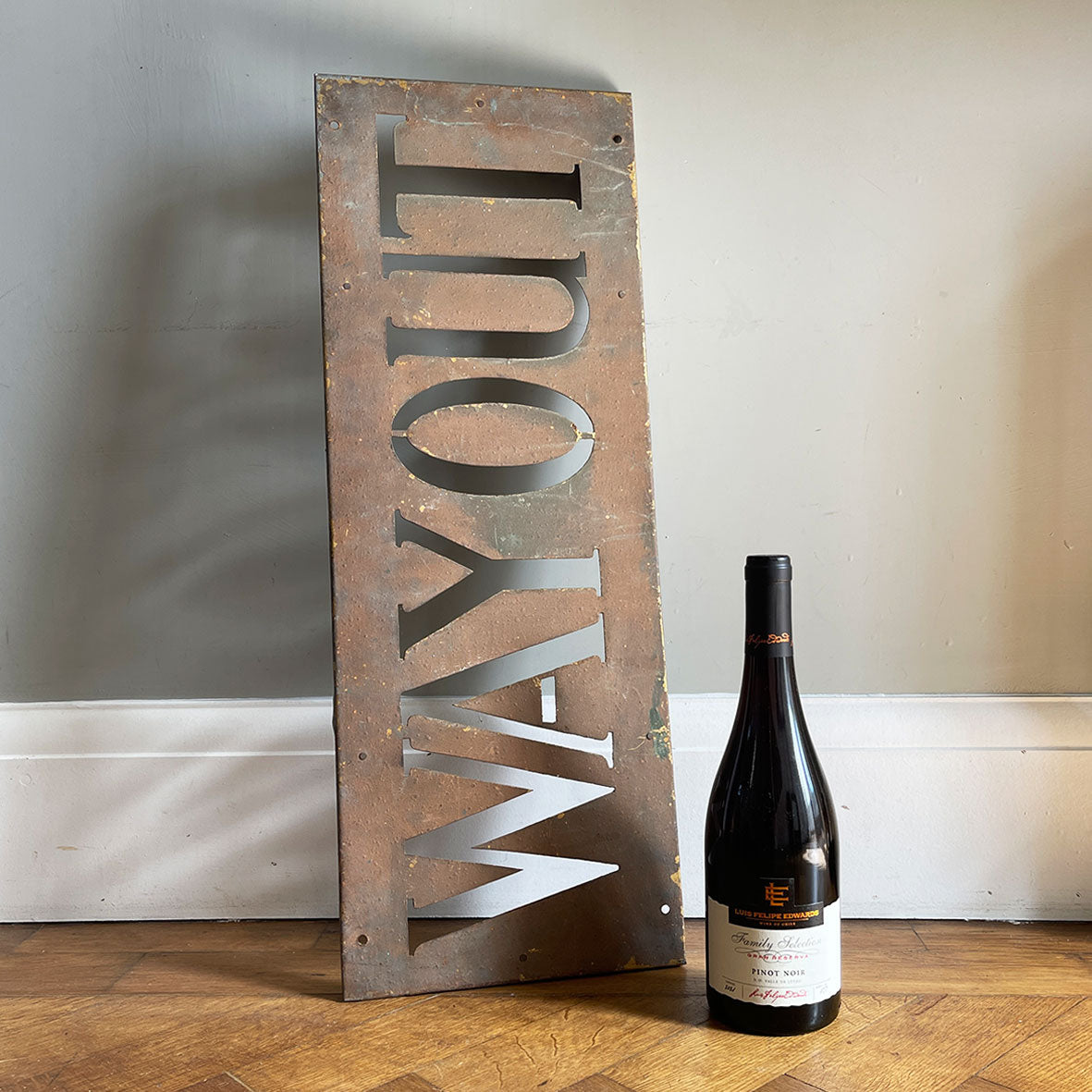 An Original Way Out Sign. Pierced letters through steel with an excellent patina to the painted finish. The sign would originally had glass fitted behind and illuminated. Good size!  SHOP NOW - www.intovintage.co.uk