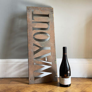 An Original Way Out Sign. Pierced letters through steel with an excellent patina to the painted finish. The sign would originally had glass fitted behind and illuminated. Good size!  SHOP NOW - www.intovintage.co.uk