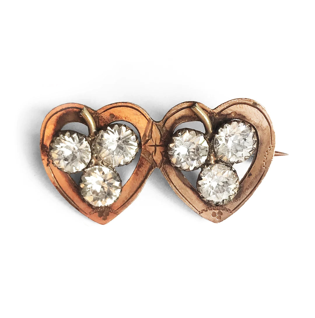 Victorian Gold & Paste Double Heart Shamrock Brooch