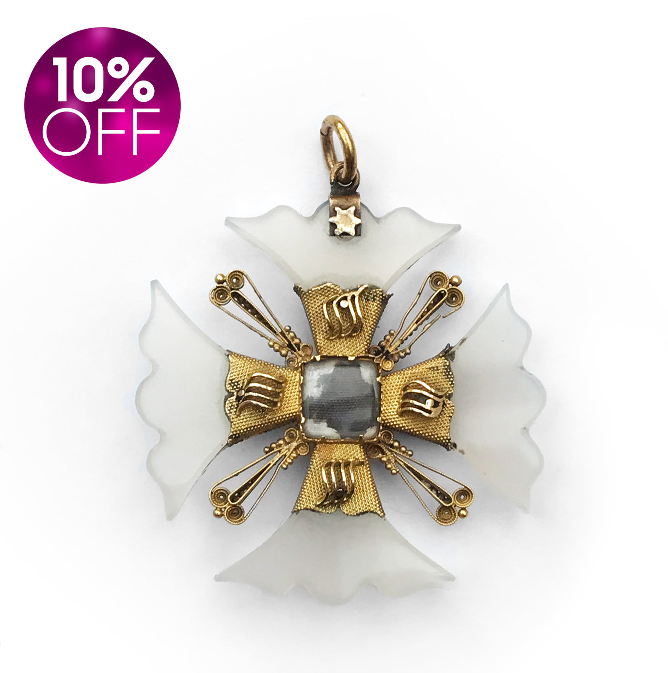 An absolutely beautiful vintage white opaque glass cross with golden filigree detail. Would look beautiful on a fine gold chain - SHOP NOW - www.intovintage.co.uk
