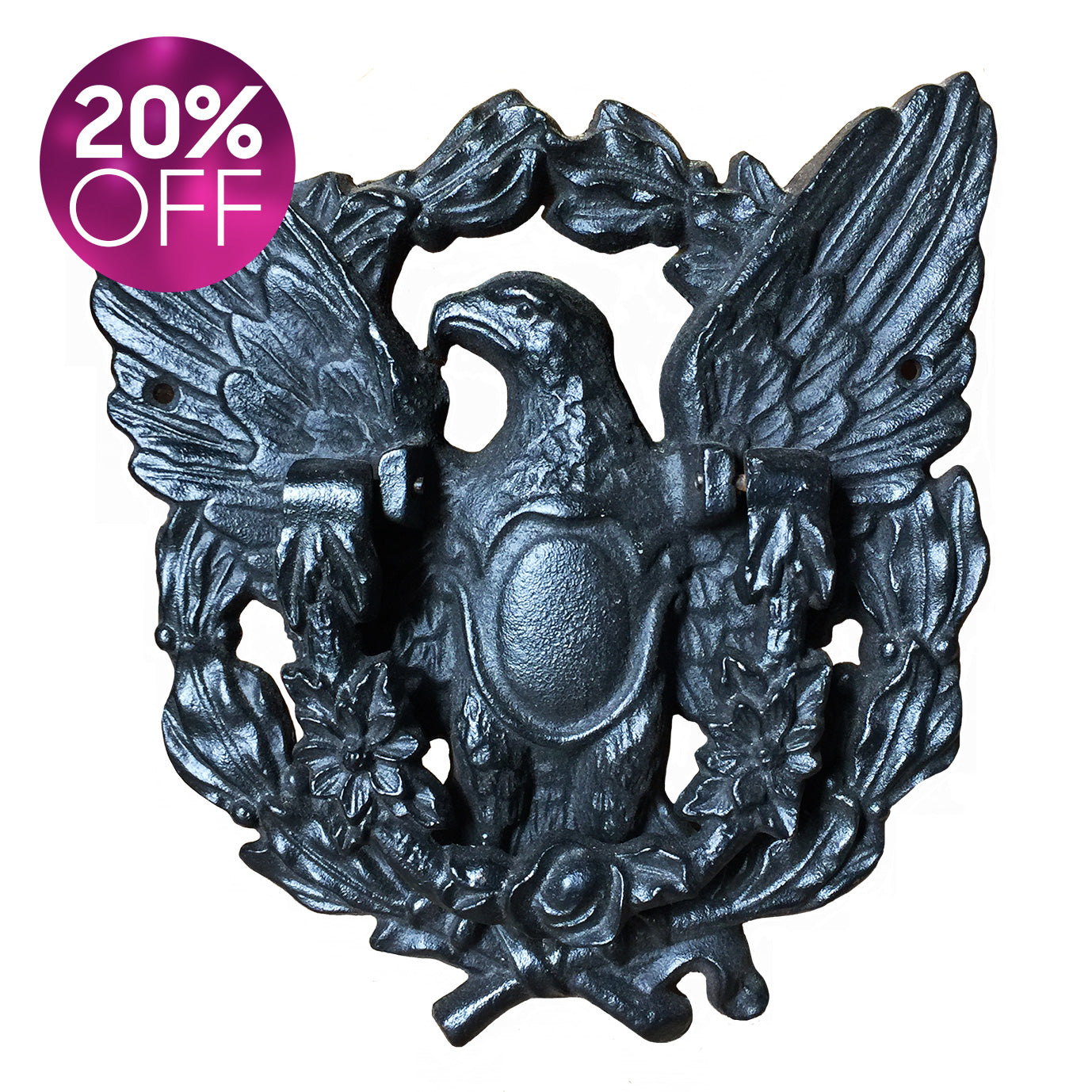 Black cast iron regal eagle door knocker. This very proud eagle sits adorned with a bouquet of flowers that forms the knocker section - SHOP NOW - www.intovintage.co.uk