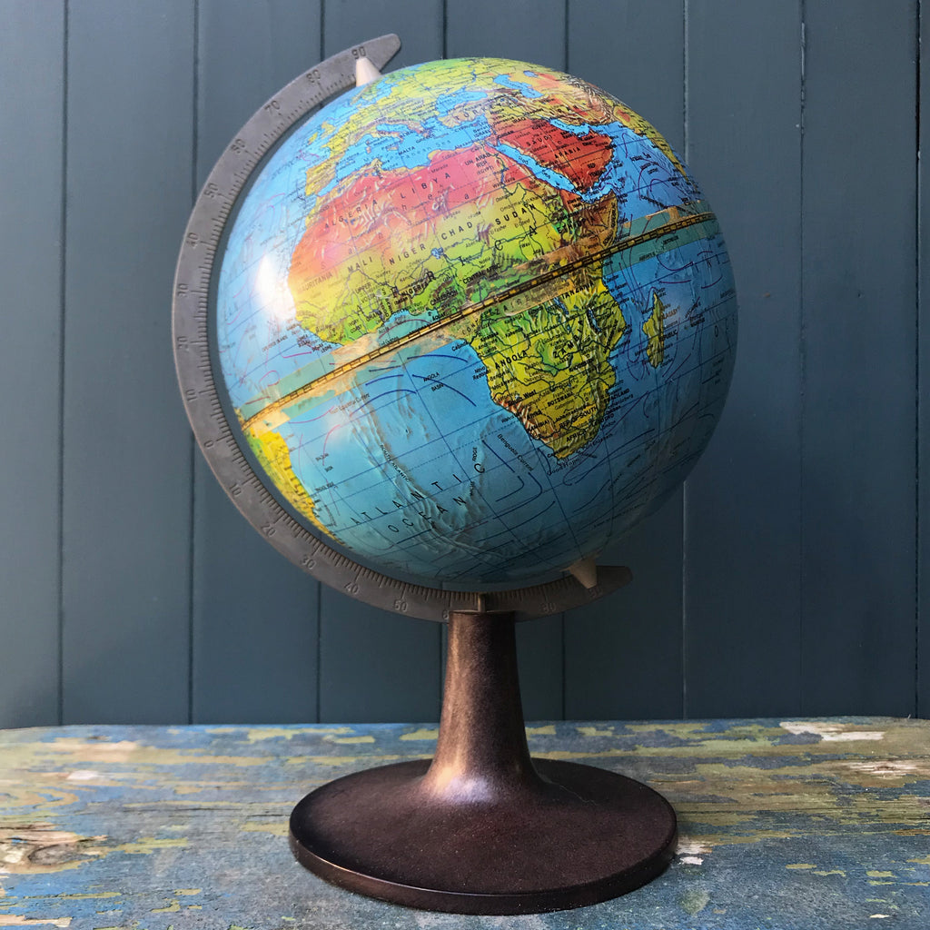 70's Tin Desk Globe by Haydrup of Denmark. Nice and colourful with a metal measure arm and nicely shaped plastic base. A great useful size for a desk - SHOP NOW - www.intovintage.co.uk