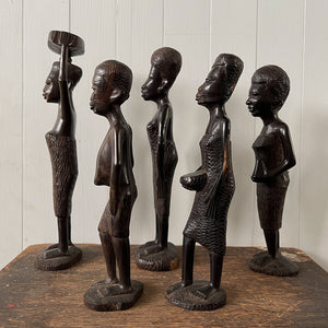 A group of five Carved African Tribal Figures full of Wonderful detail and expression. Expertly carved from ebony wood  - SHOP NOW - www.intovintage.co.uk