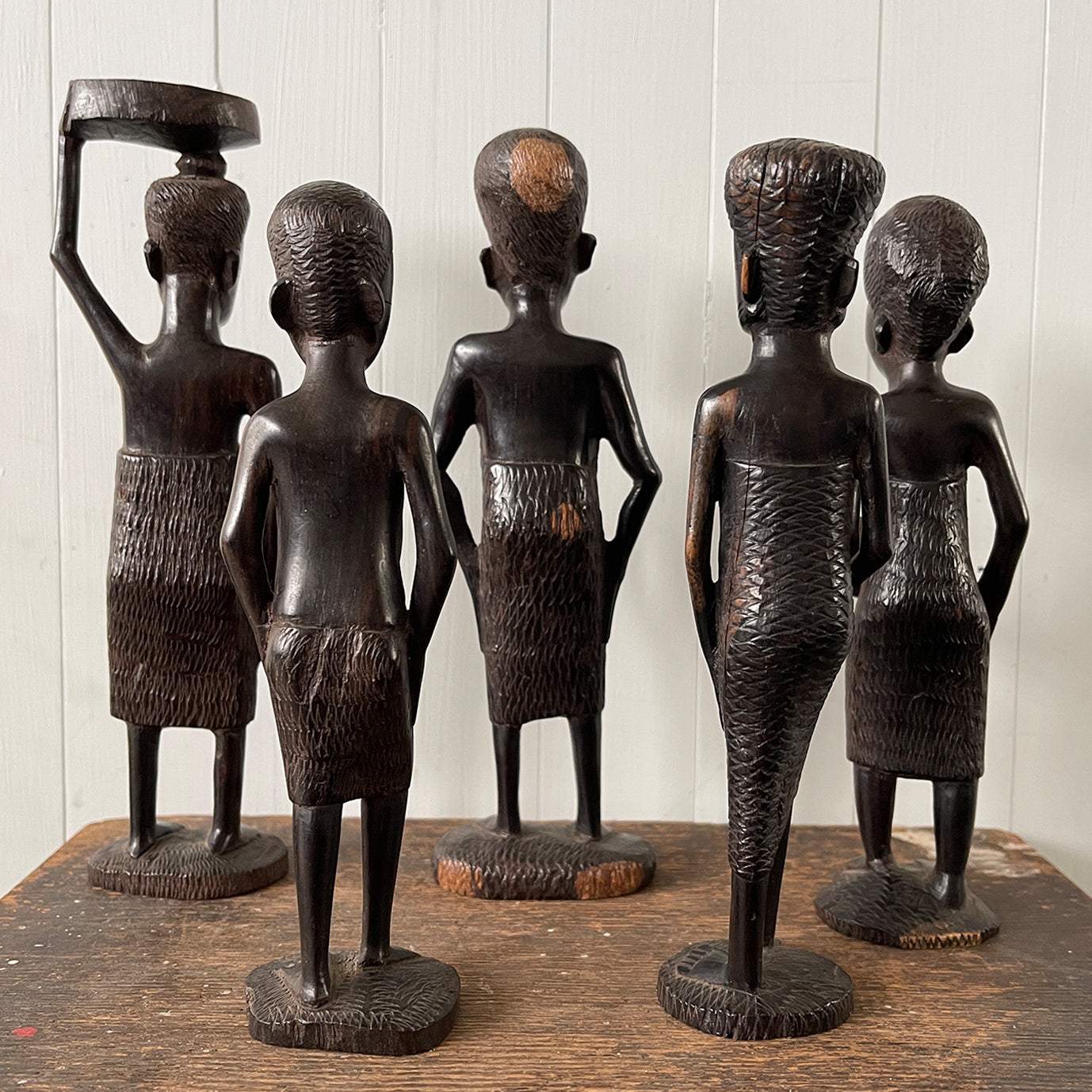 A group of five Carved African Tribal Figures full of Wonderful detail and expression. Expertly carved from ebony wood  - SHOP NOW - www.intovintage.co.uk