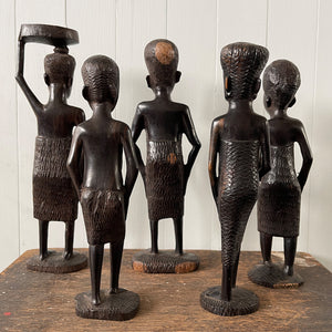 A group of five Carved African Tribal Figures full of Wonderful detail and expression. Expertly carved from ebony wood  - SHOP NOW - www.intovintage.co.uk