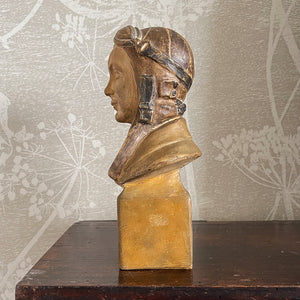 A terracotta Airman Bust by sculpture Jaroslav Horejc, titled Hlava Pilota. Signed on the right shoulder 'HOREJC JC' - SHOP NOW - www.intovintage.co.uk