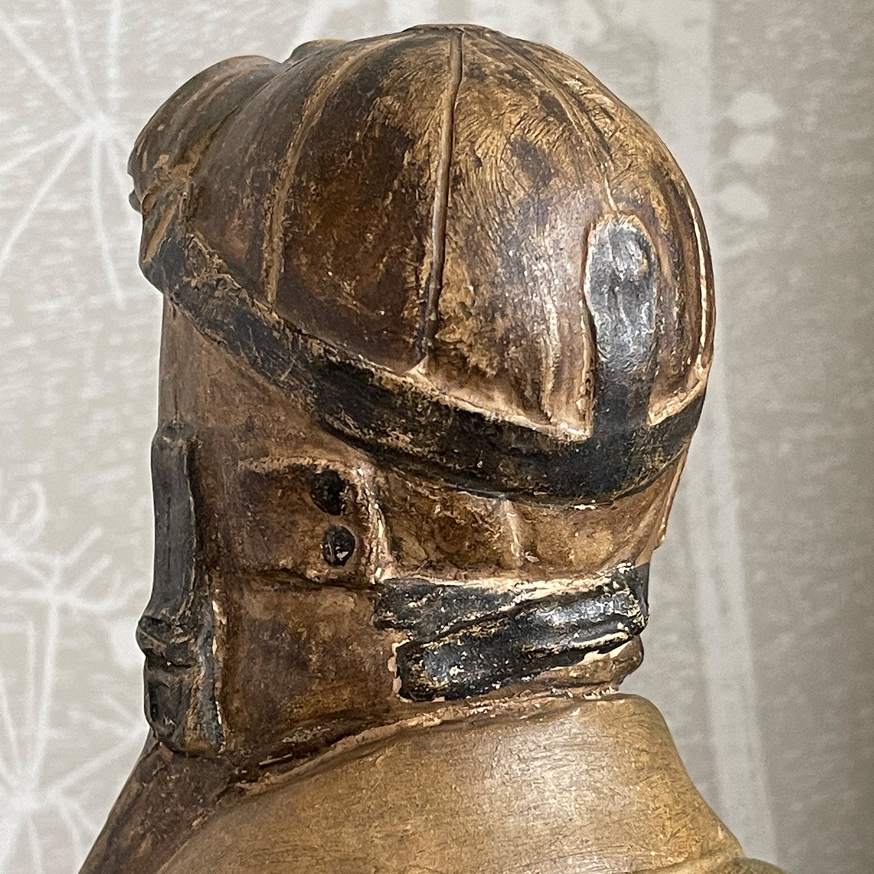 A terracotta Airman Bust by sculpture Jaroslav Horejc, titled Hlava Pilota. Signed on the right shoulder 'HOREJC JC' - SHOP NOW - www.intovintage.co.uk