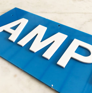 Vintage Shop Amplifiers sign with cut white perspex lettering on to a cyan blue perspex background - SHOP NOW - www.intovintage.co.uk
