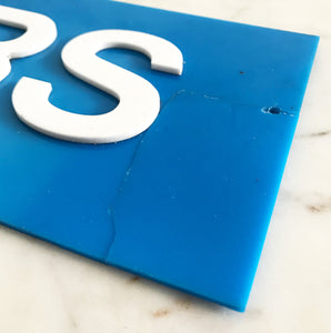 Vintage Shop Amplifiers sign with cut white perspex lettering on to a cyan blue perspex background - SHOP NOW - www.intovintage.co.uk